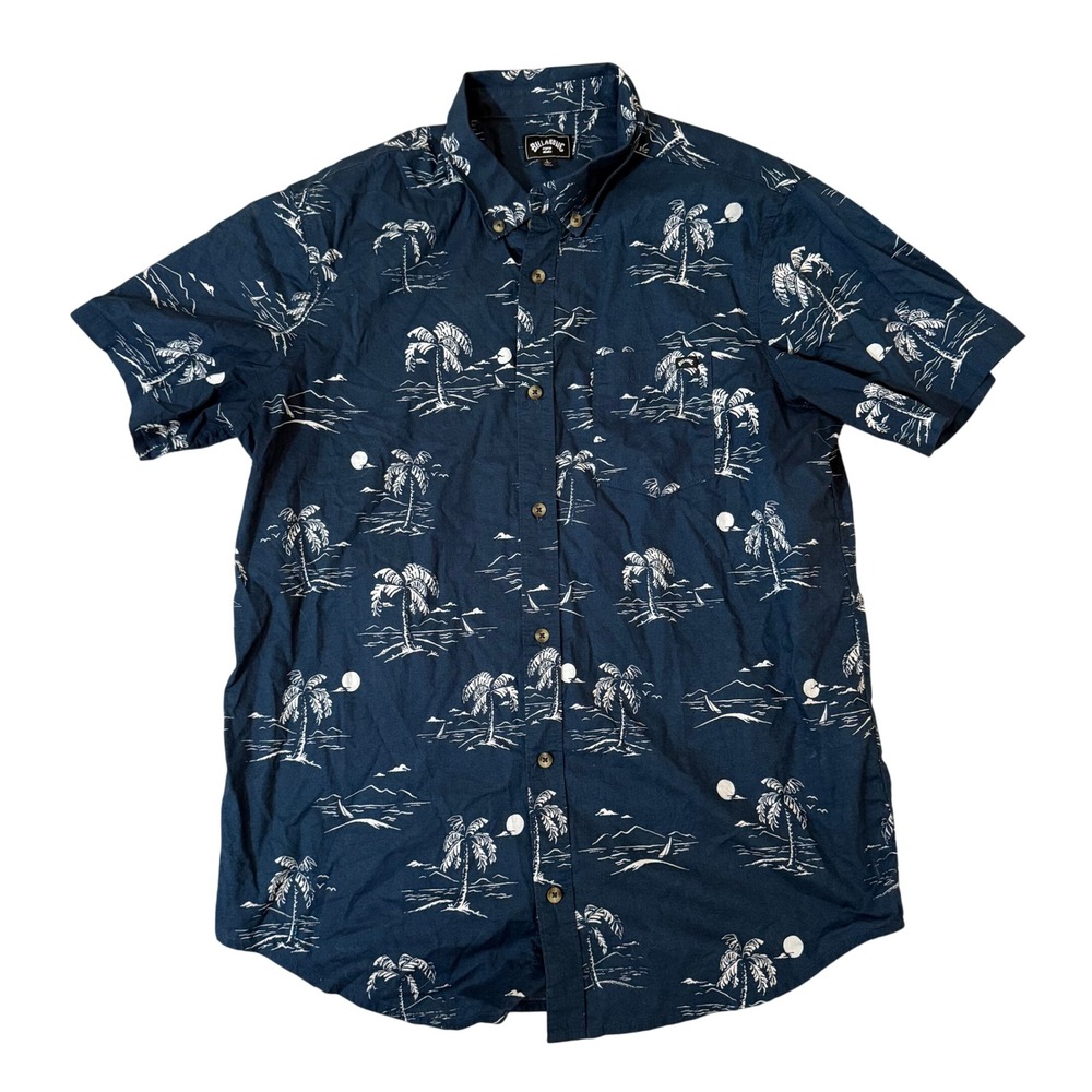 Billabong Mens Shirt Short Sleeve Palm Tree Print Navy Blue Size L Resortwear - Picture 1 of 9